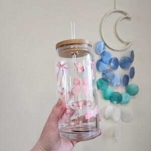 Coquette Pink Bows Ribbons 20 oz Glass Tumbler Cup Coffee Matcha Tea Container